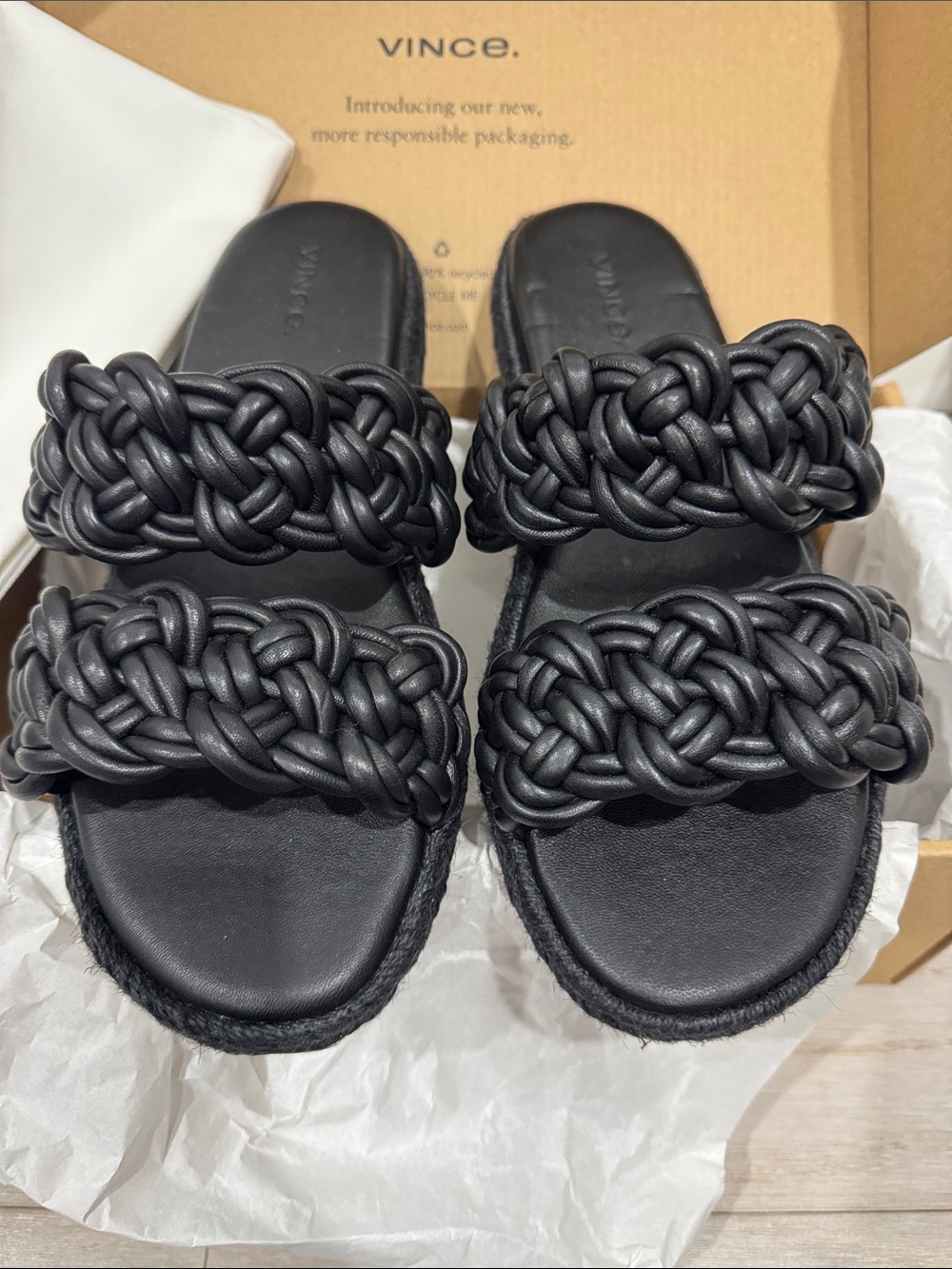 Vince Black Braided Double-Strap Slide Sandals